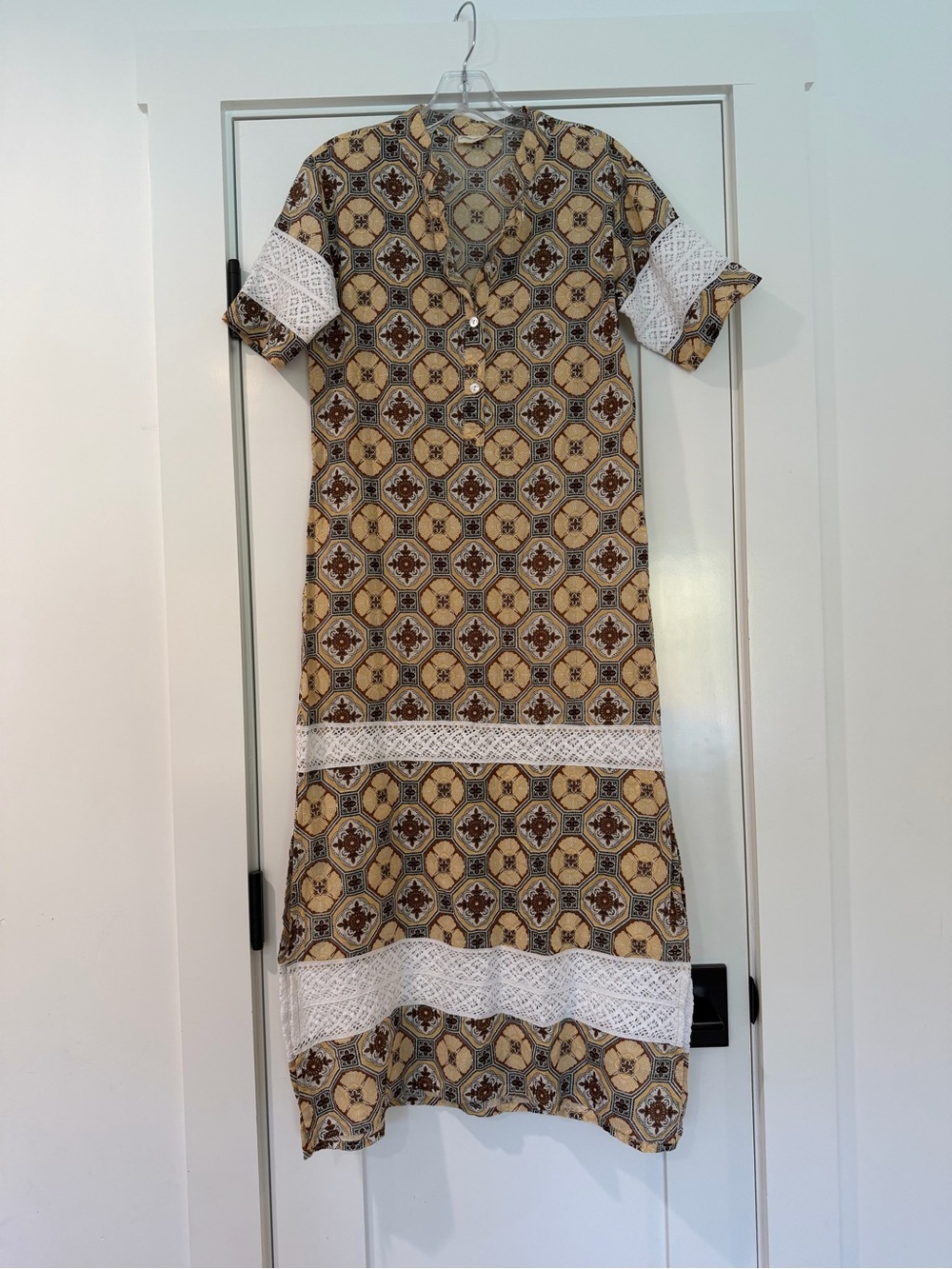 Julia Amory Majorelle Brown Block Print Lace Trim Cotton Maxi Dress XS